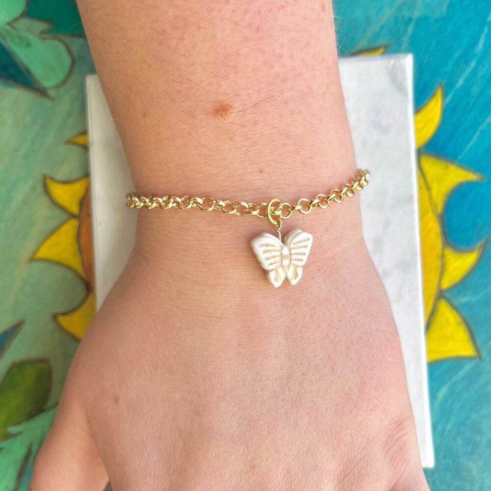 White Butterfly Charm Gold Chain Bracelet